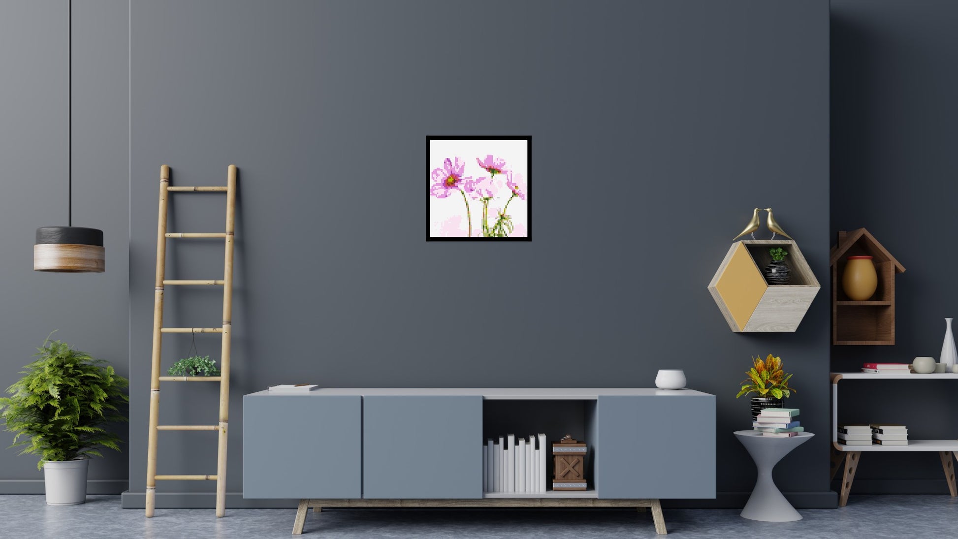 Pink Cosmea - Brick Art Mosaic Kit 3x3 scene with frame