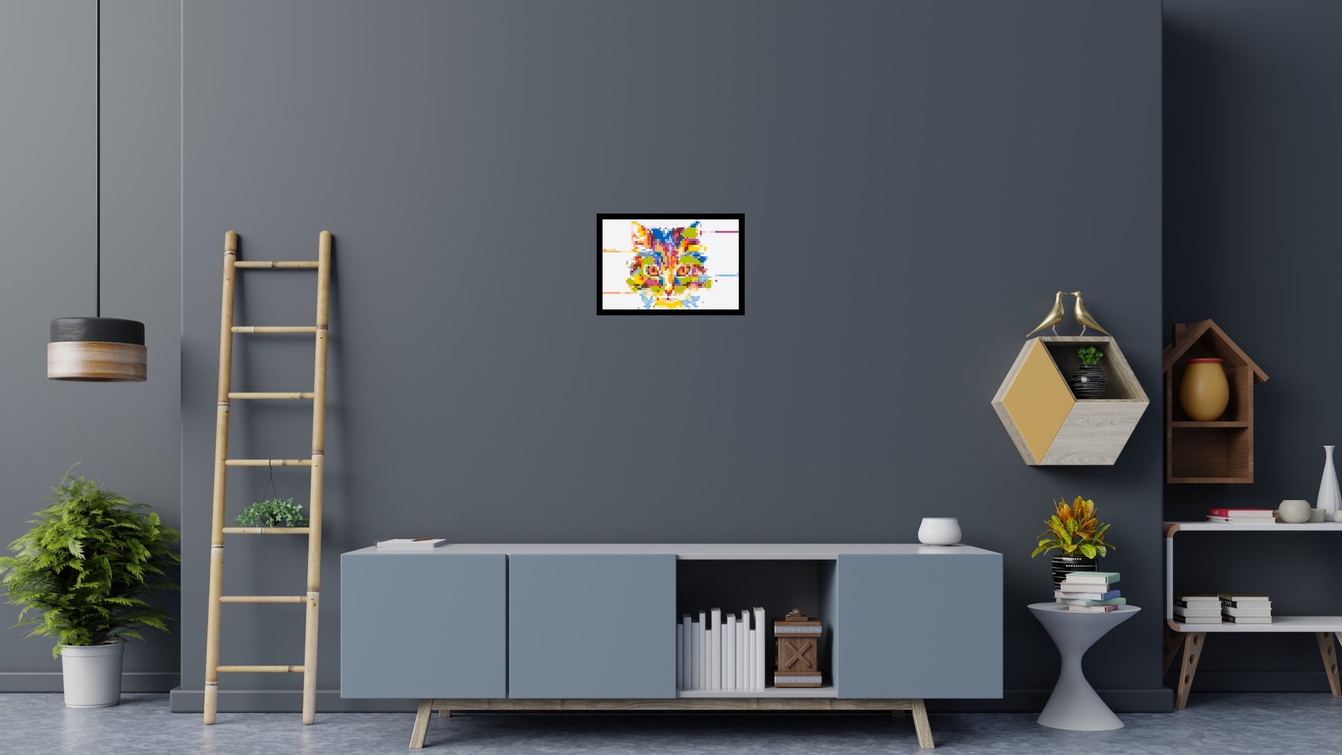 Abstract Cat Colourful Pop Art - Brick Art Mosaic Kit 3x2 scene with frame