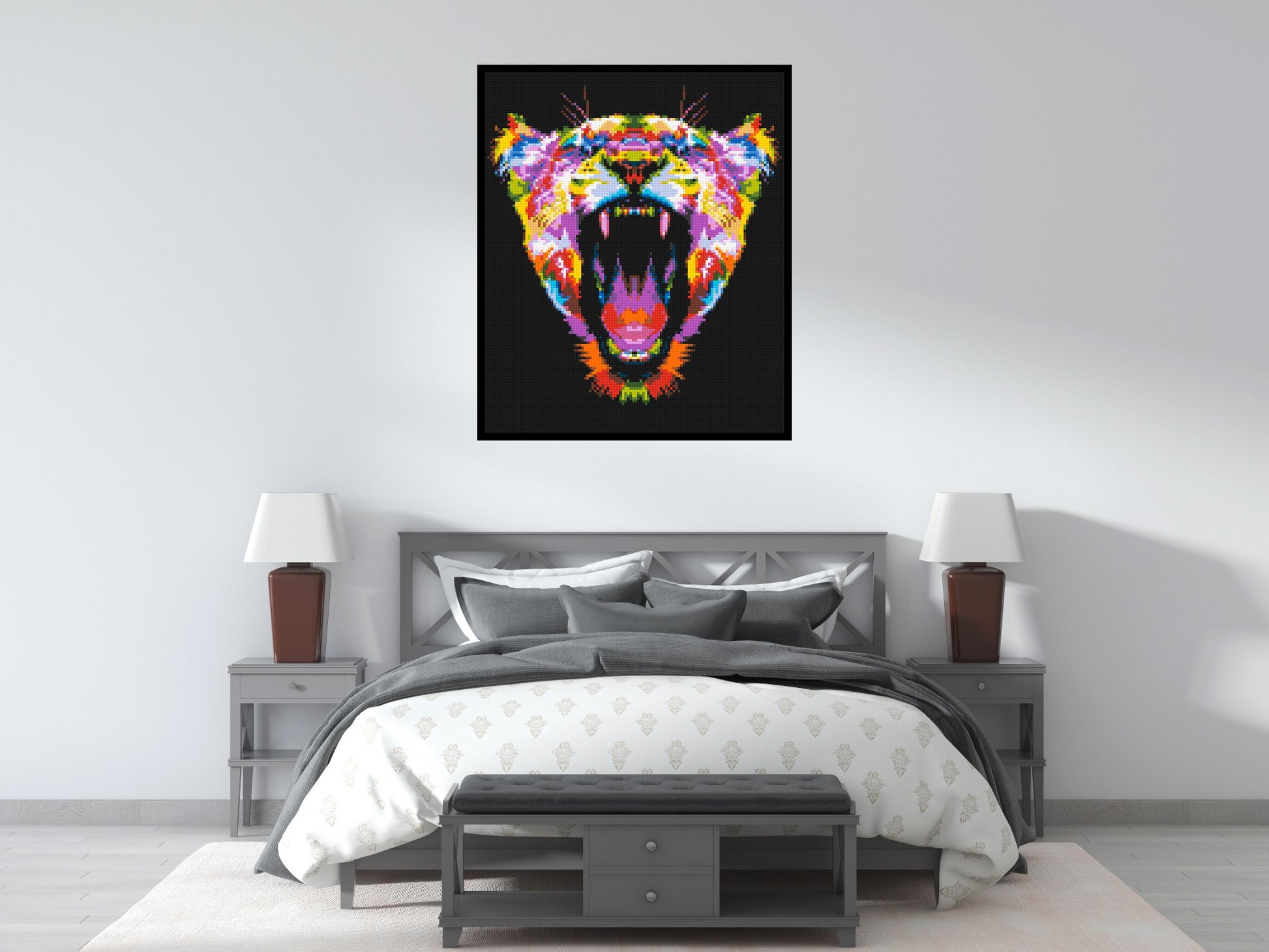 Roaring Tiger Colourful Pop Art - Brick Art Mosaic Kit 5x6 scene with frame