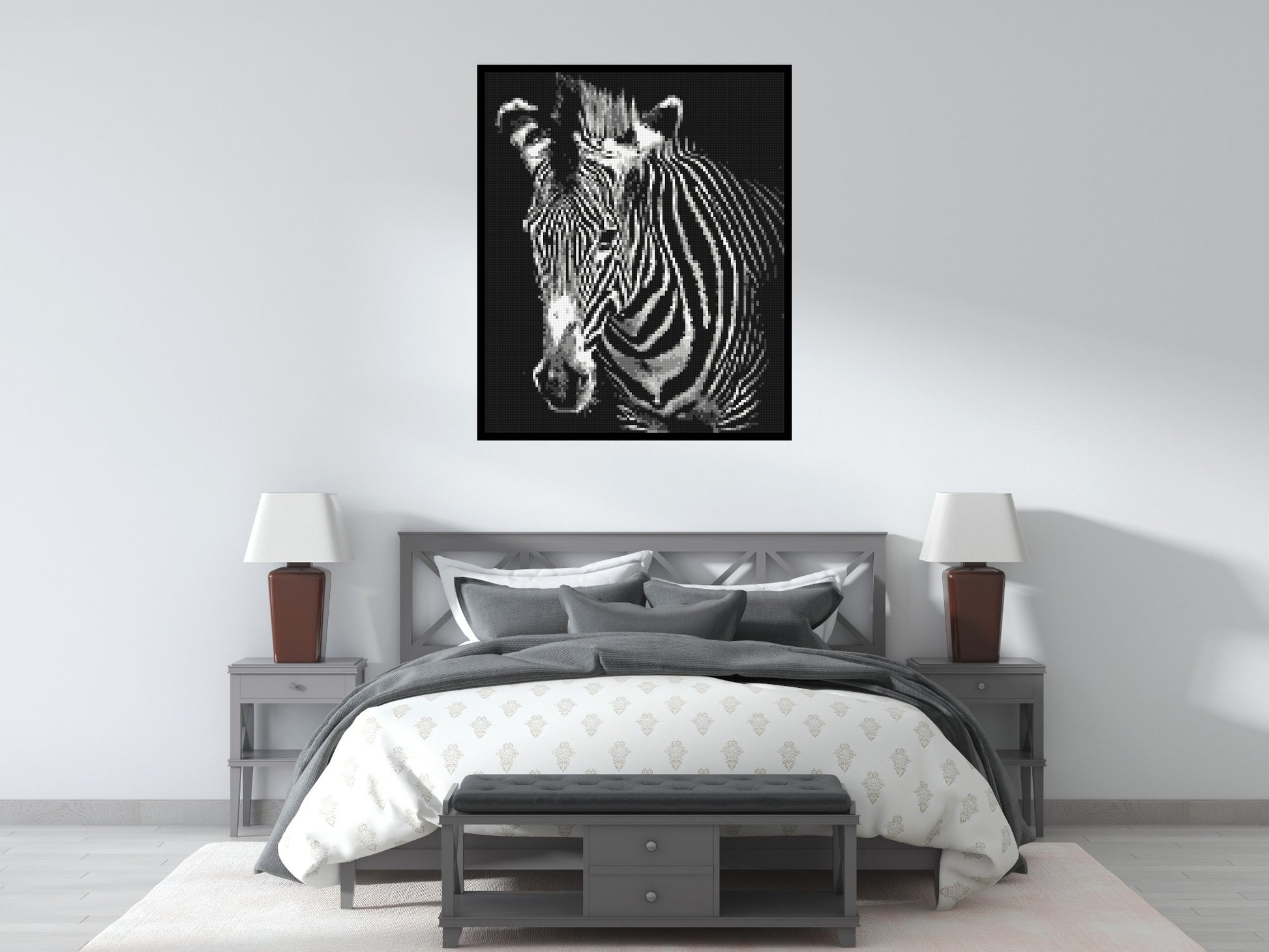 Black & White Zebra - Brick Art Mosaic Kit 5x6 scene with frame