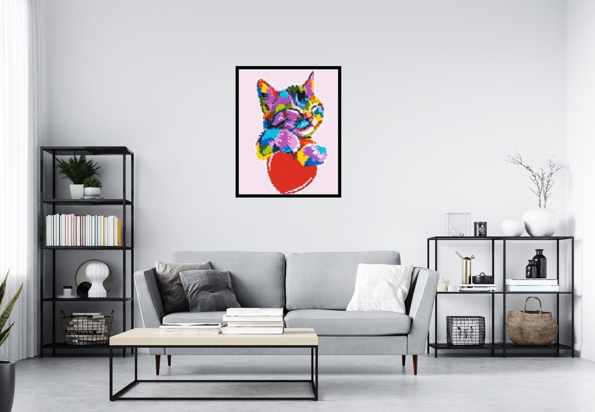Cat with a Heart Colourful Pop Art - Brick Art Mosaic Kit 4x5 scene with frame