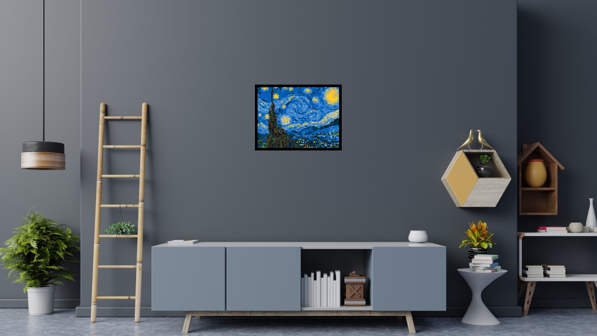 Starry Night by Vincent Van Gogh - Brick Art Mosaic Kit 4x3 scene with frame