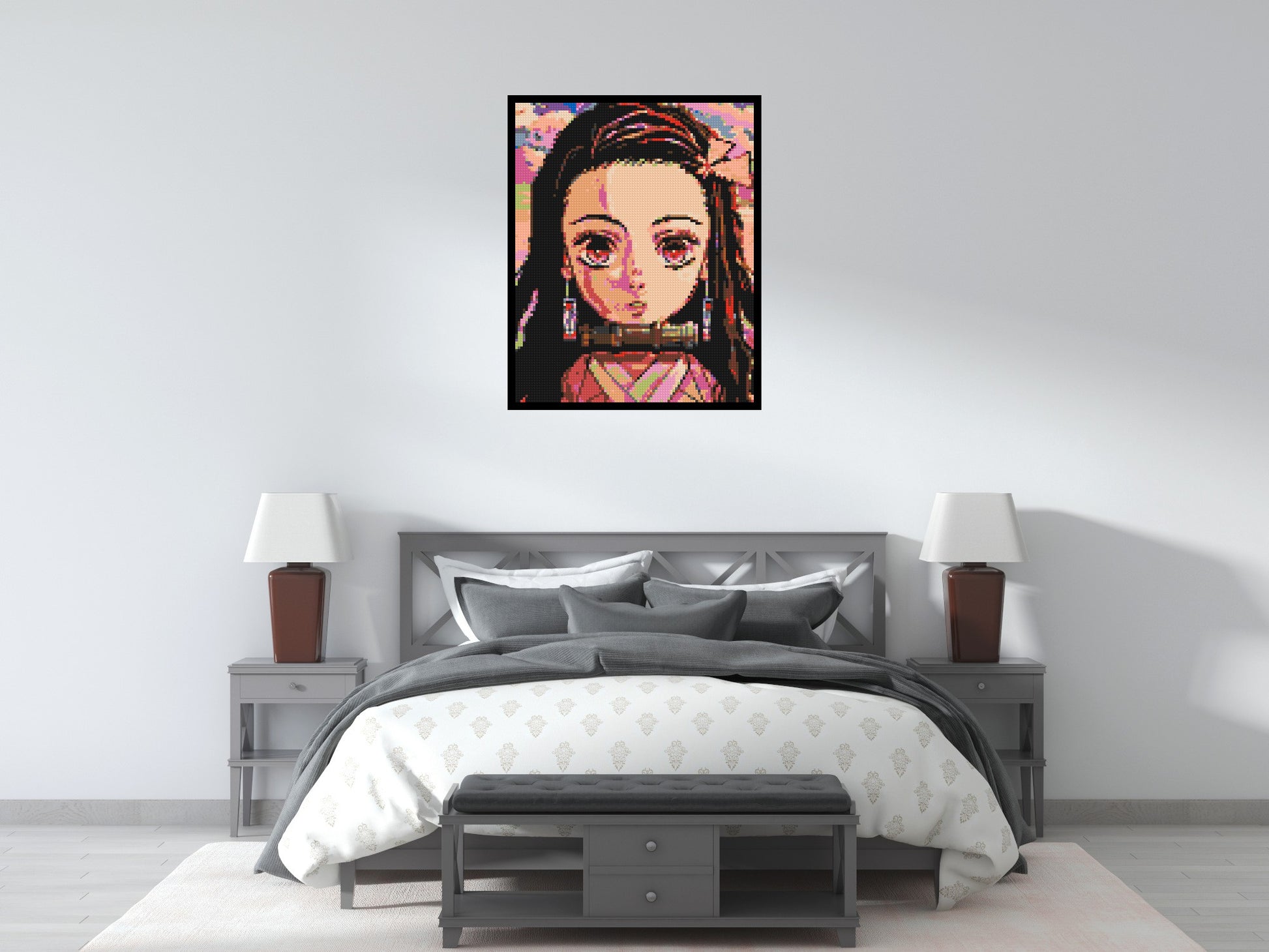 Nezuko Pixel Art - Brick Art Mosaic Kit 4x5 scene with frame