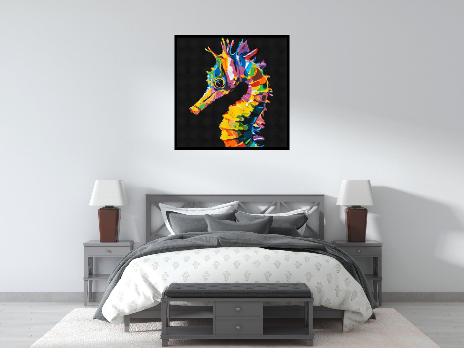 Colourful Seahorse Pop Art - Brick Art Mosaic Kit 5x5 scene with frame