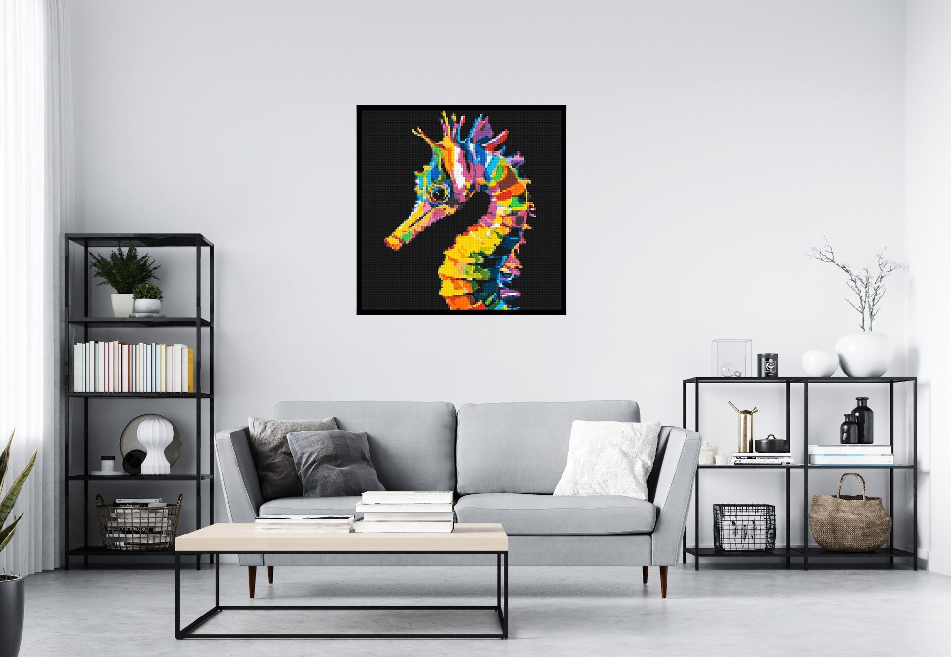 Colourful Seahorse Pop Art - Brick Art Mosaic Kit 5x5 scene with frame