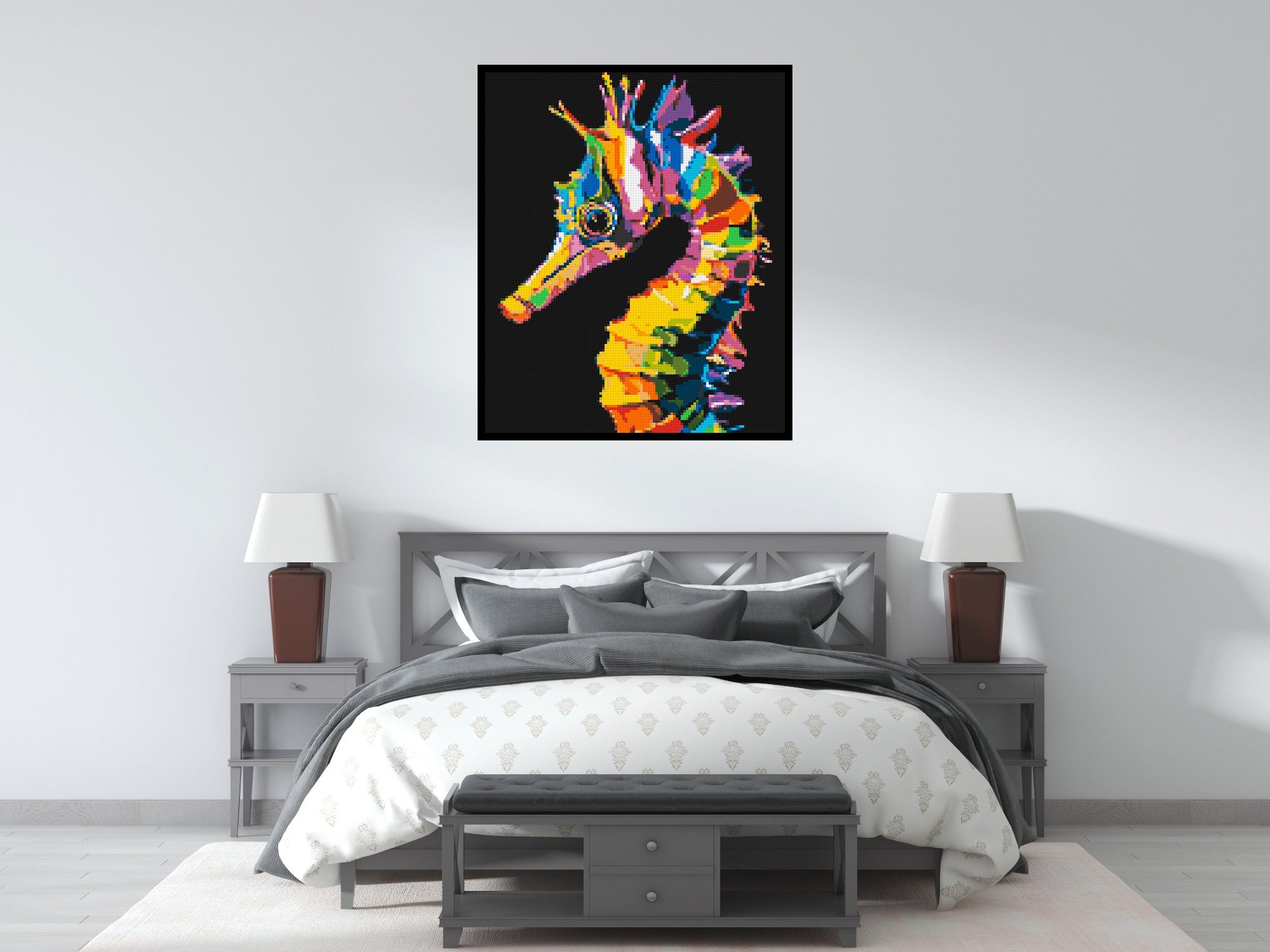 Colourful Seahorse Pop Art - Brick Art Mosaic Kit 5x6 scene with frame