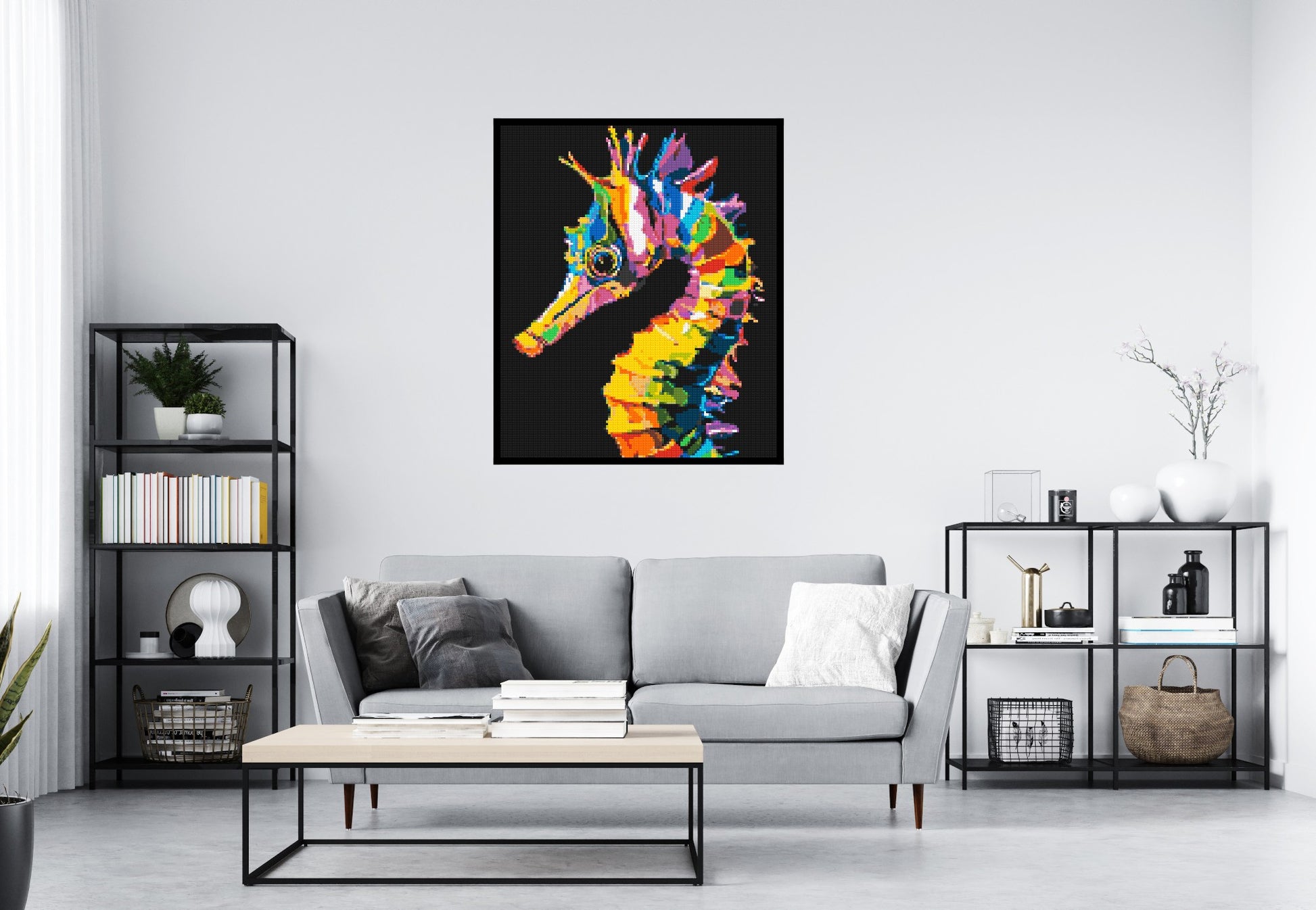 Colourful Seahorse Pop Art - Brick Art Mosaic Kit 5x6 scene with frame