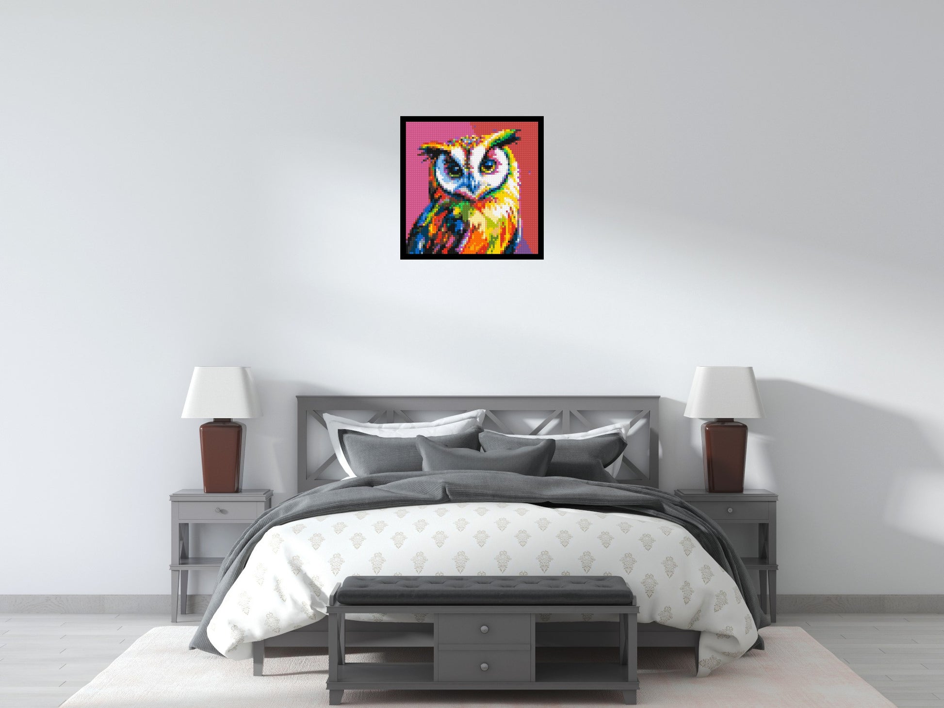Owl Colourful Pop Art - Brick Art Mosaic Kit 3x3 scene with frame