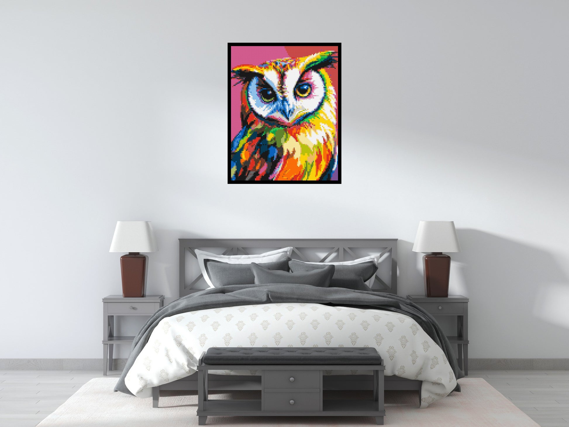 Owl Colourful Pop Art - Brick Art Mosaic Kit 4x5 scene with frame