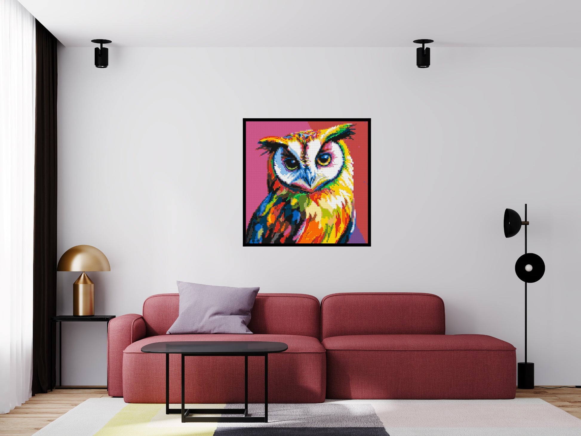 Owl Colourful Pop Art - Brick Art Mosaic Kit 5x5 scene with frame