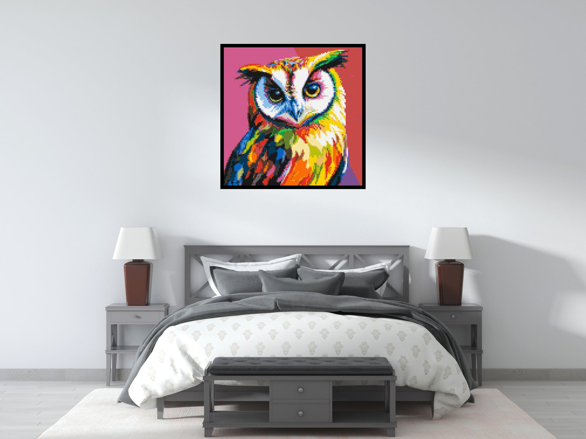 Owl Colourful Pop Art - Brick Art Mosaic Kit 5x5 scene with frame