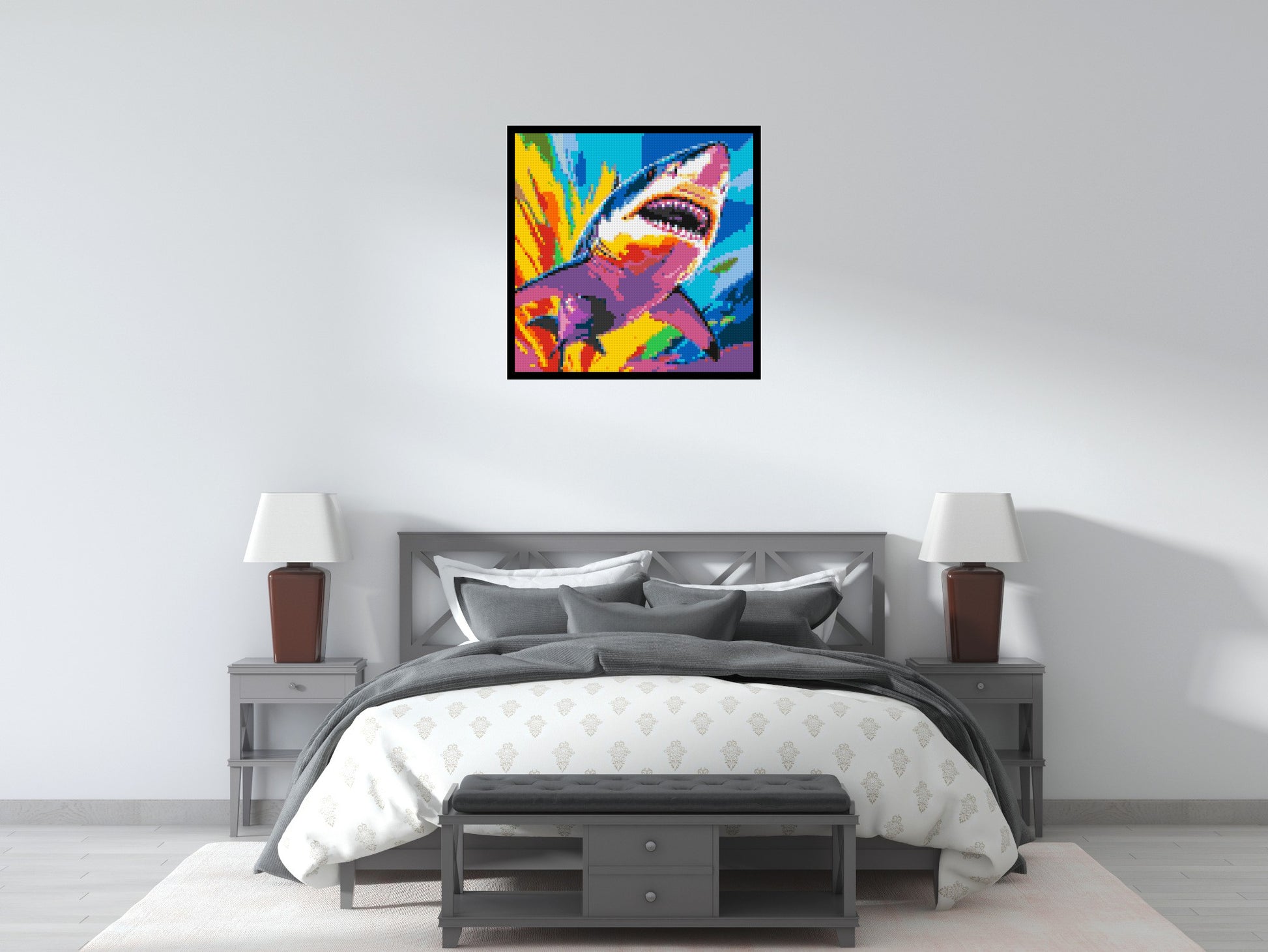 Shark Colourful Pop Art - Brick Art Mosaic Kit 4x4 scene with frame