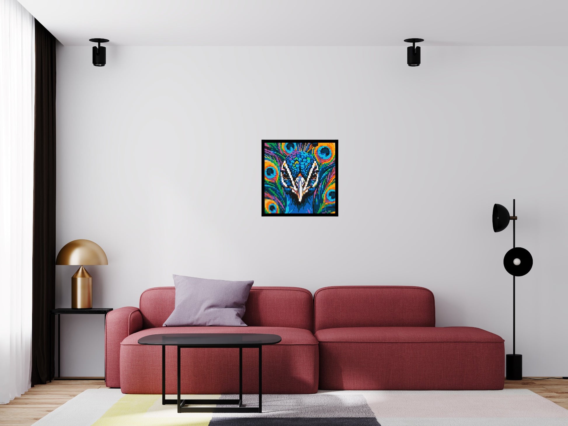 Vibrant Peacock Pop Art - Brick Art Mosaic Kit 3x3 scene with frame