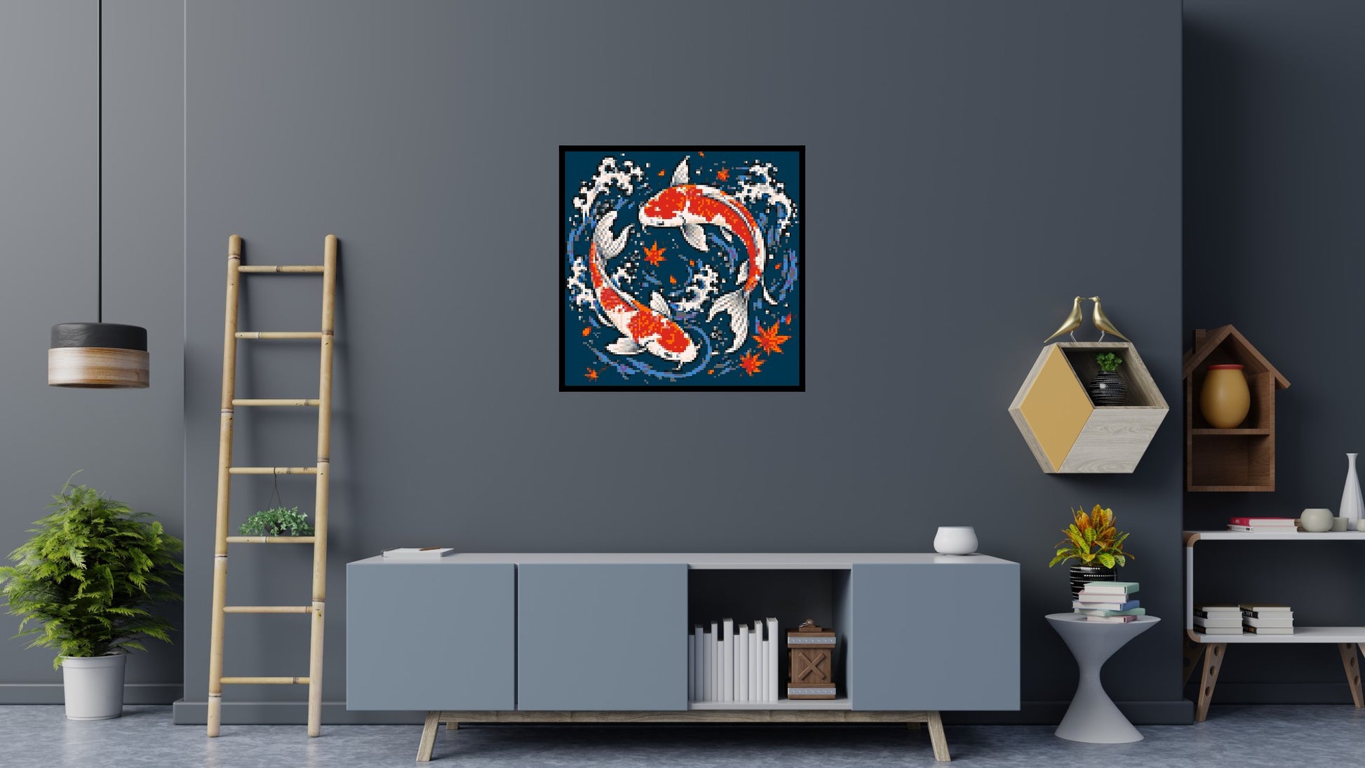 Japanese Ukiyo-e Style Swimming Koi Fish Yin Yang - Brick Art Mosaic Kit 5x5 scene with frame