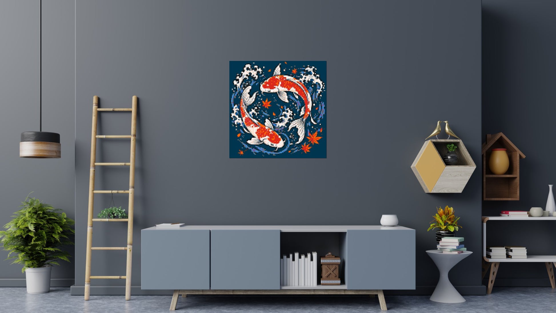 Japanese Ukiyo-e Style Swimming Koi Fish Yin Yang - Brick Art Mosaic Kit 5x5 scene