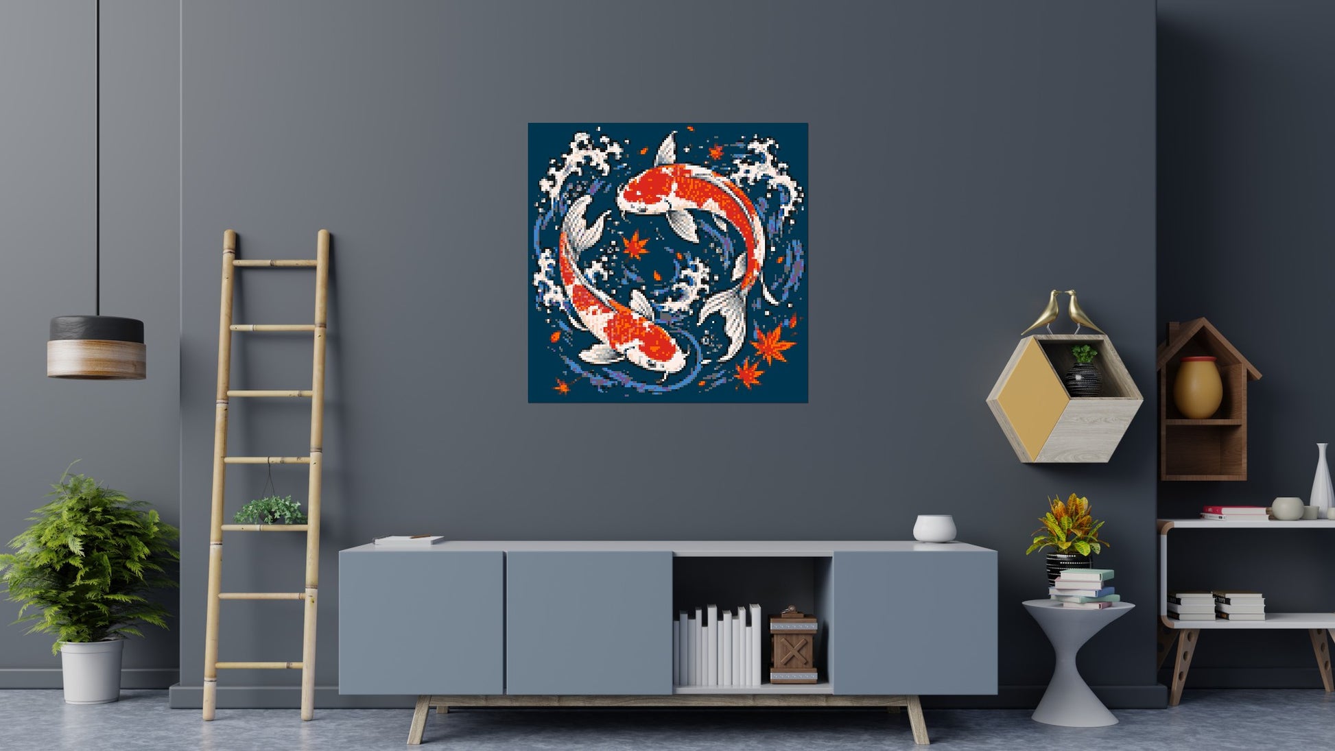 Japanese Ukiyo-e Style Swimming Koi Fish Yin Yang - Brick Art Mosaic Kit 6x6 scene