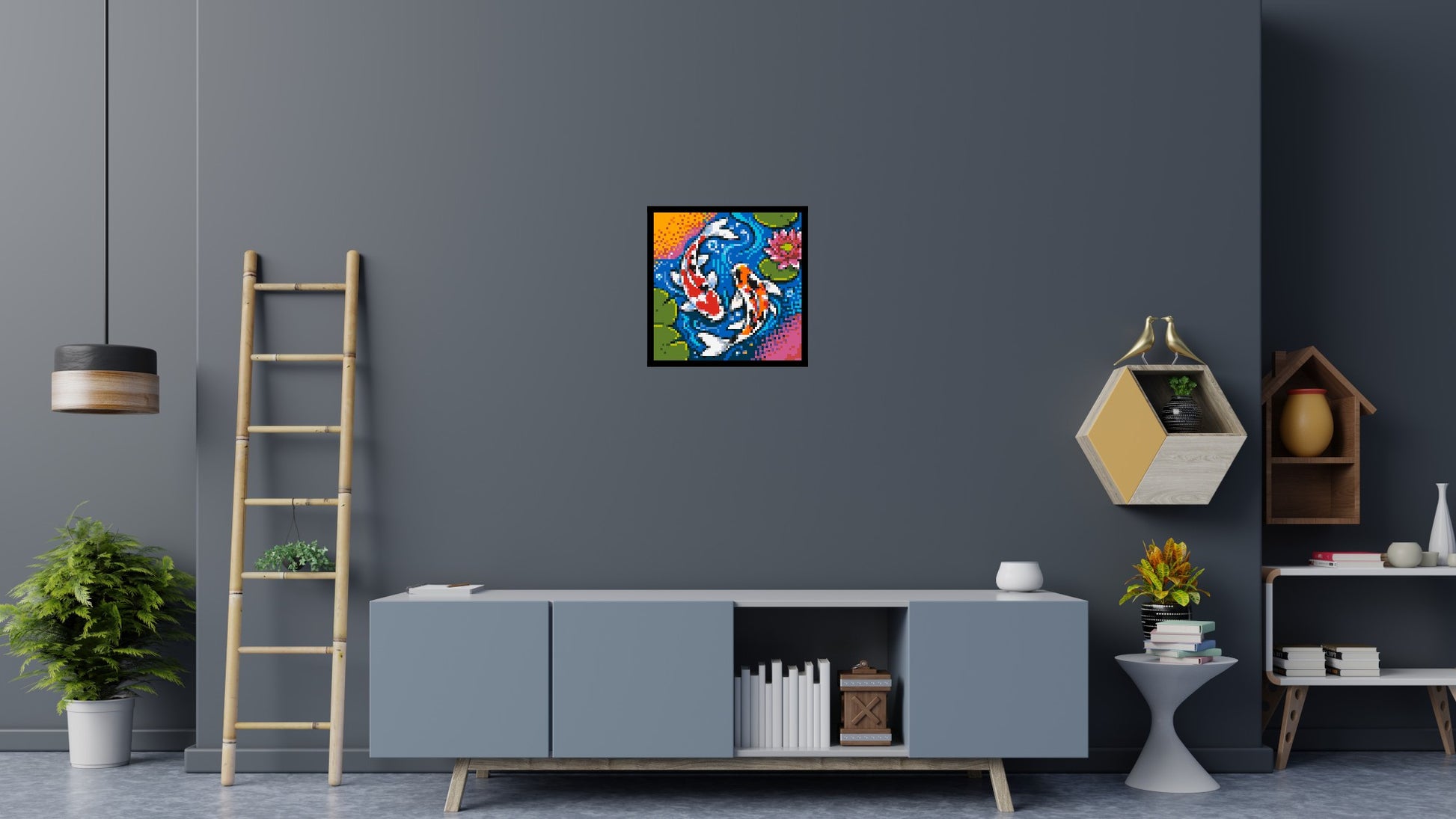 Vibrant Pond Koi Fish with Pink Lotus Blossom - Brick Art Mosaic Kit 3x3 scene with frame