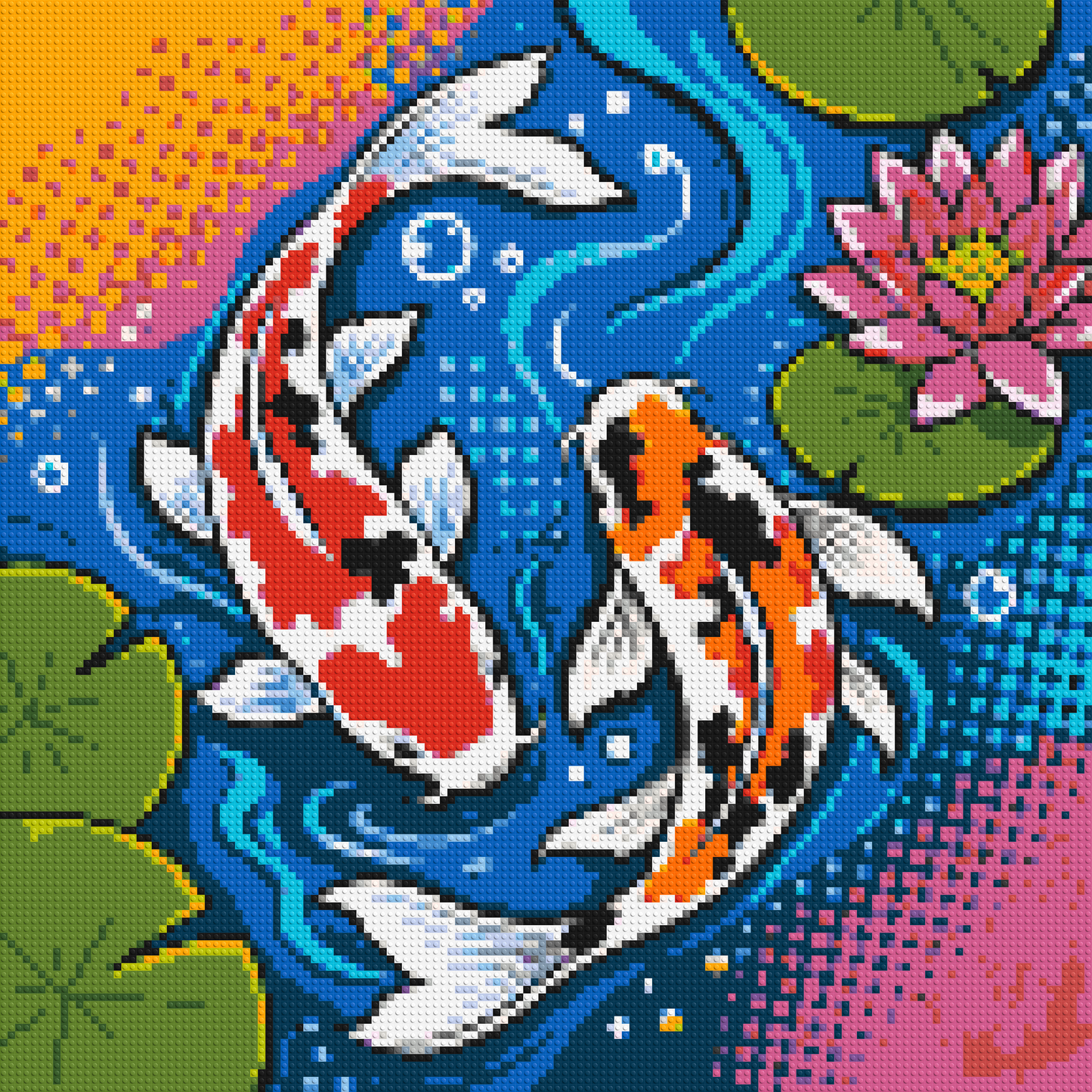 Vibrant Pond Koi Fish with Pink Lotus Blossom - Brick Art Mosaic Kit 6x6 large