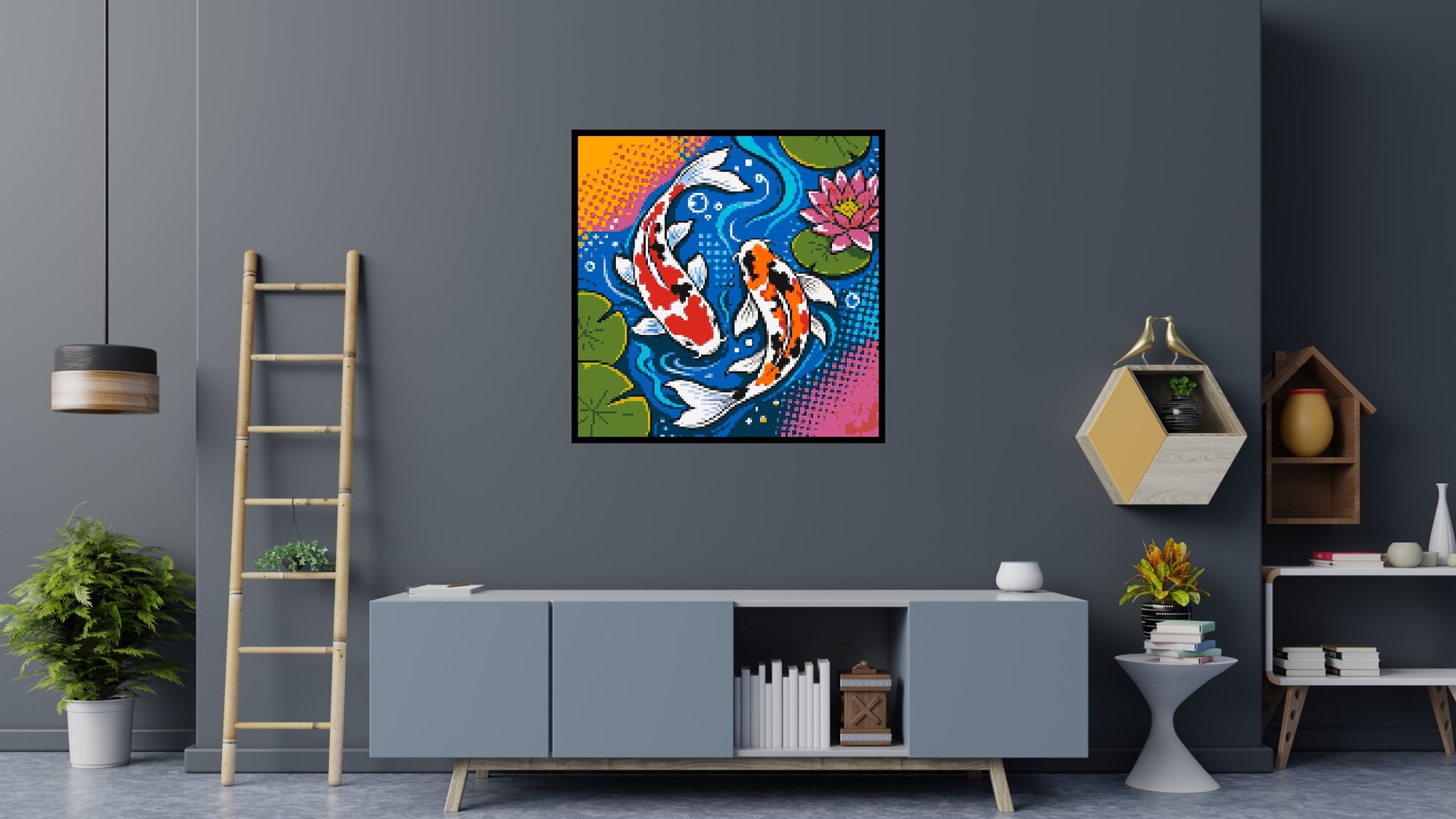 Vibrant Pond Koi Fish with Pink Lotus Blossom - Brick Art Mosaic Kit 6x6 scene with frame