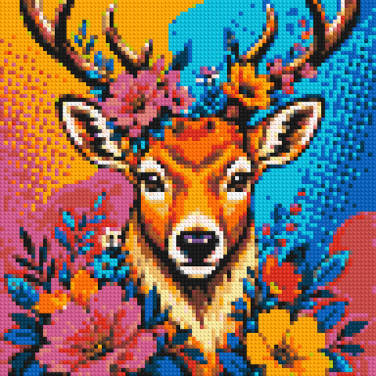 Majestic Stag with Colorful Floral Antlers Pop Art - Brick Art Mosaic Kit 4x4 large