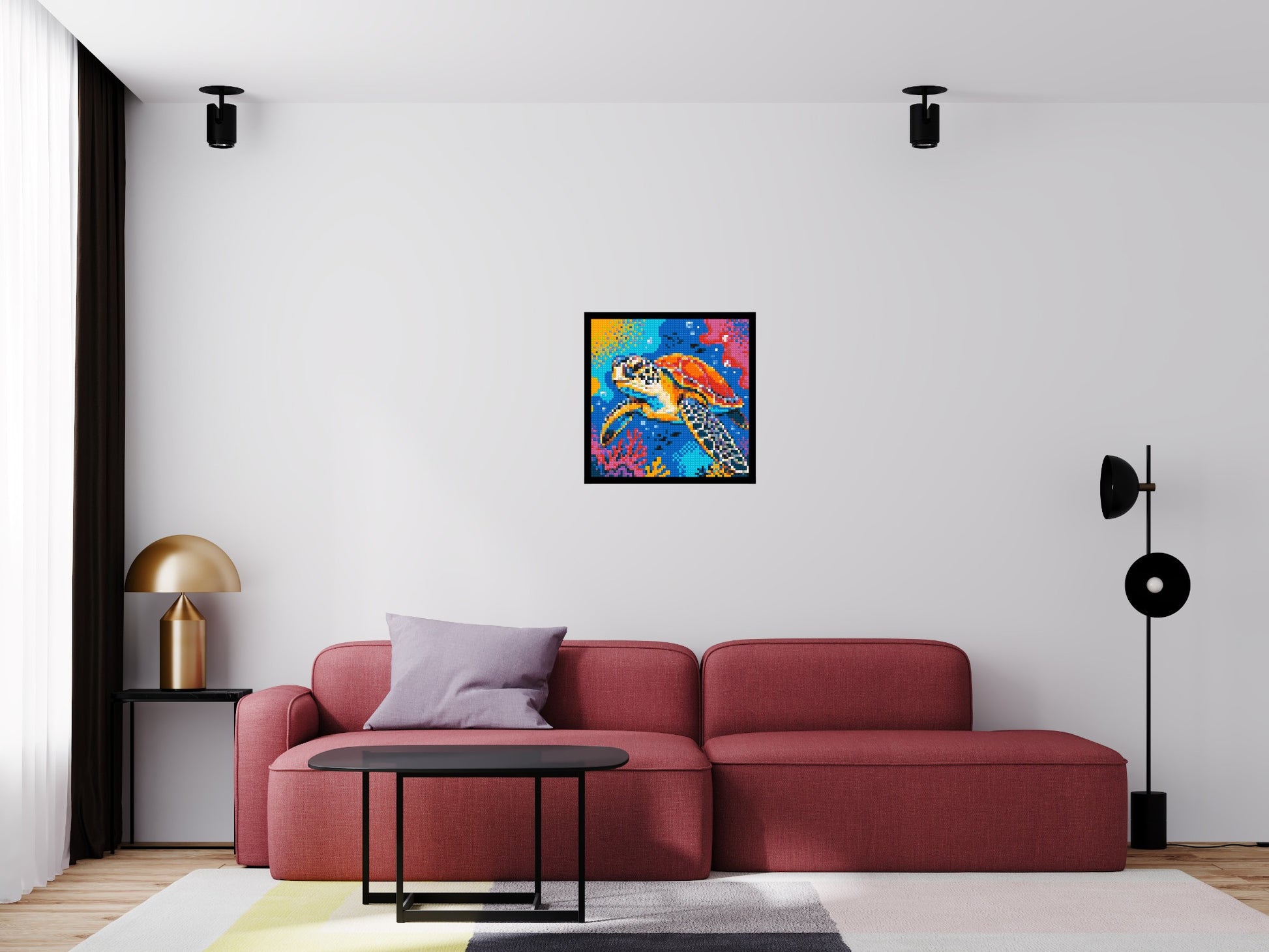 Vibrant Coral Reef Sea Turtle Pop Art - Brick Art Mosaic Kit 3x3 scene with frame
