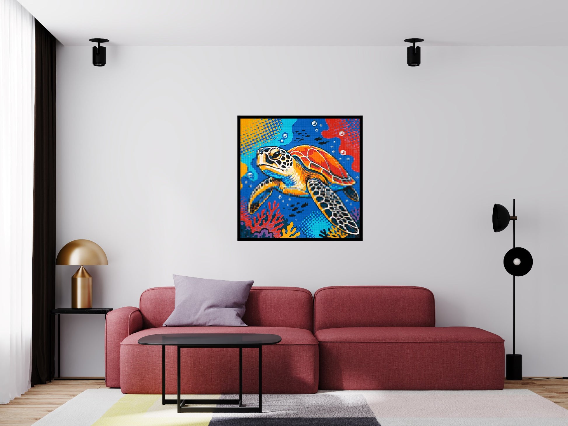 Vibrant Coral Reef Sea Turtle Pop Art - Brick Art Mosaic Kit 5x5 scene with frame