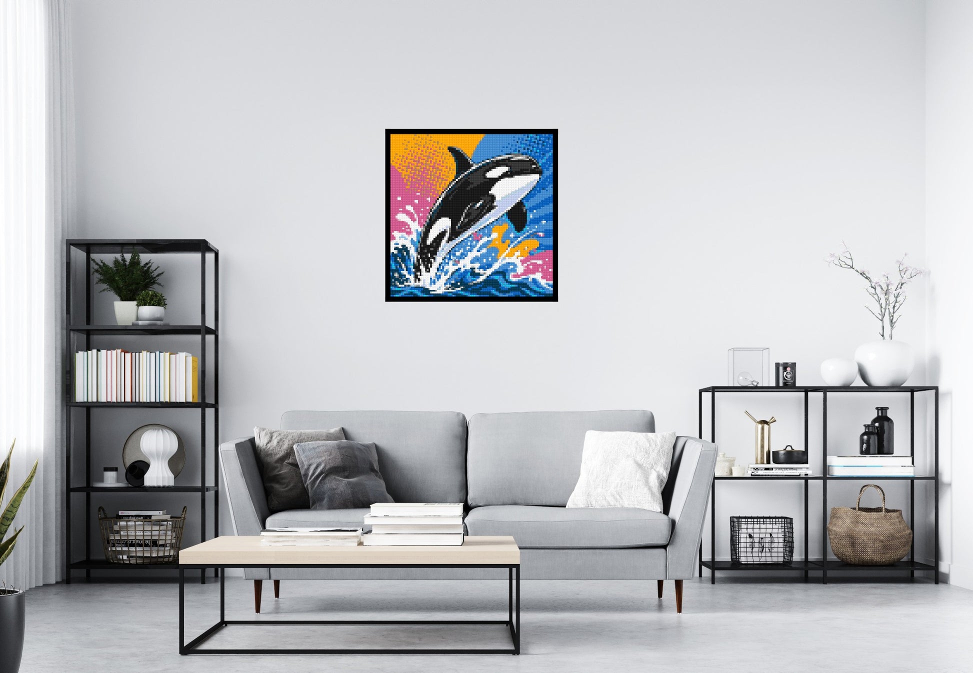 Leaping Orca Whale Comic Pop Art - Brick Art Mosaic Kit 4x4 scene with frame