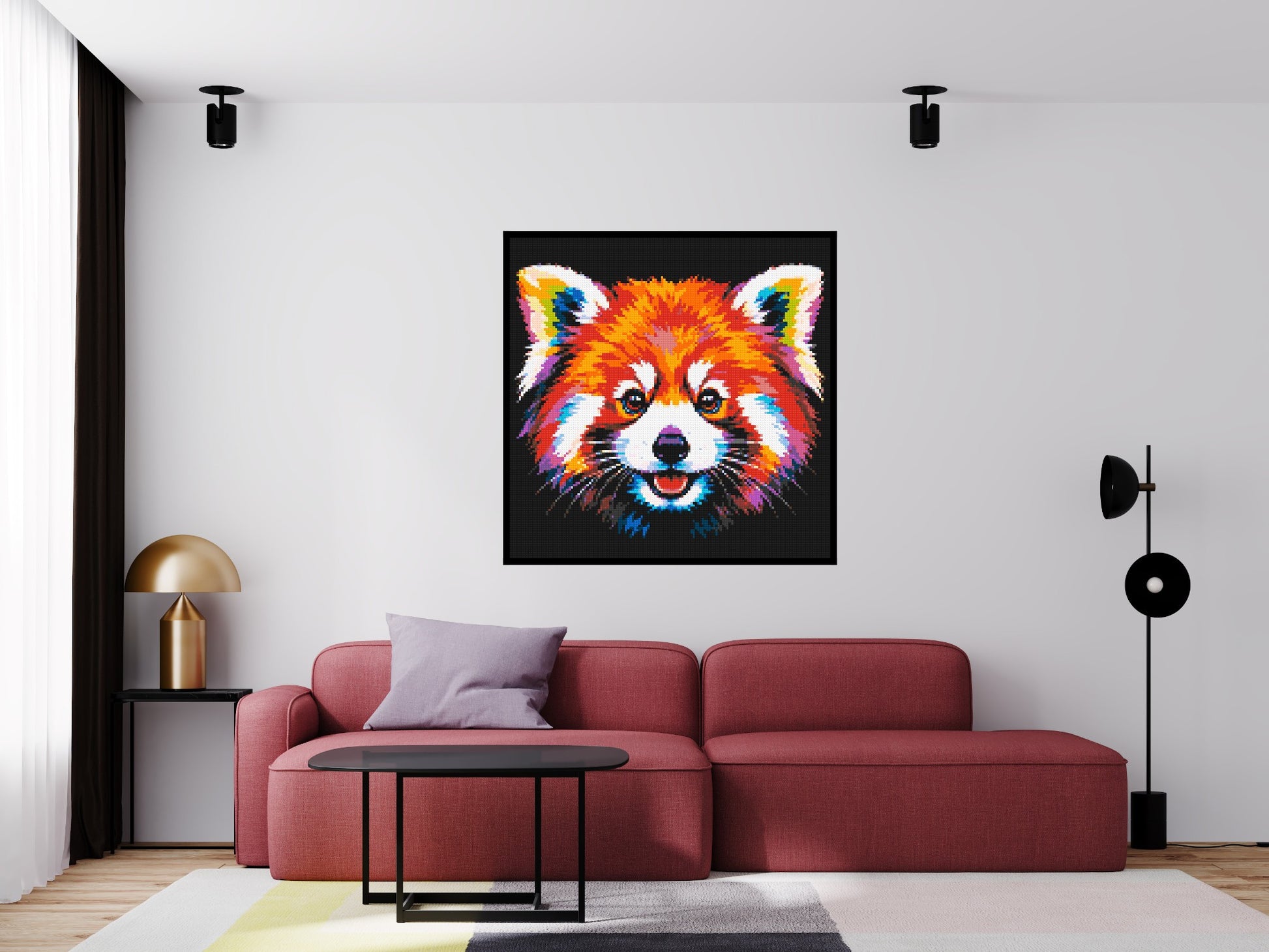 Vibrant Red Panda Face Pop Art - Brick Art Mosaic Kit 6x6 scene with frame
