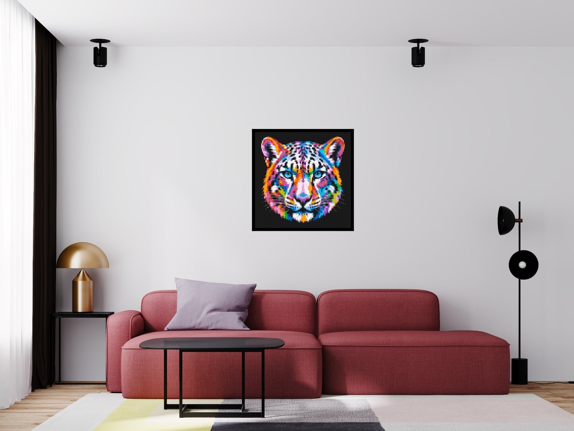 Vibrant Psychedelic Leopard Face Pop Art - Brick Art Mosaic Kit 4x4 scene with frame