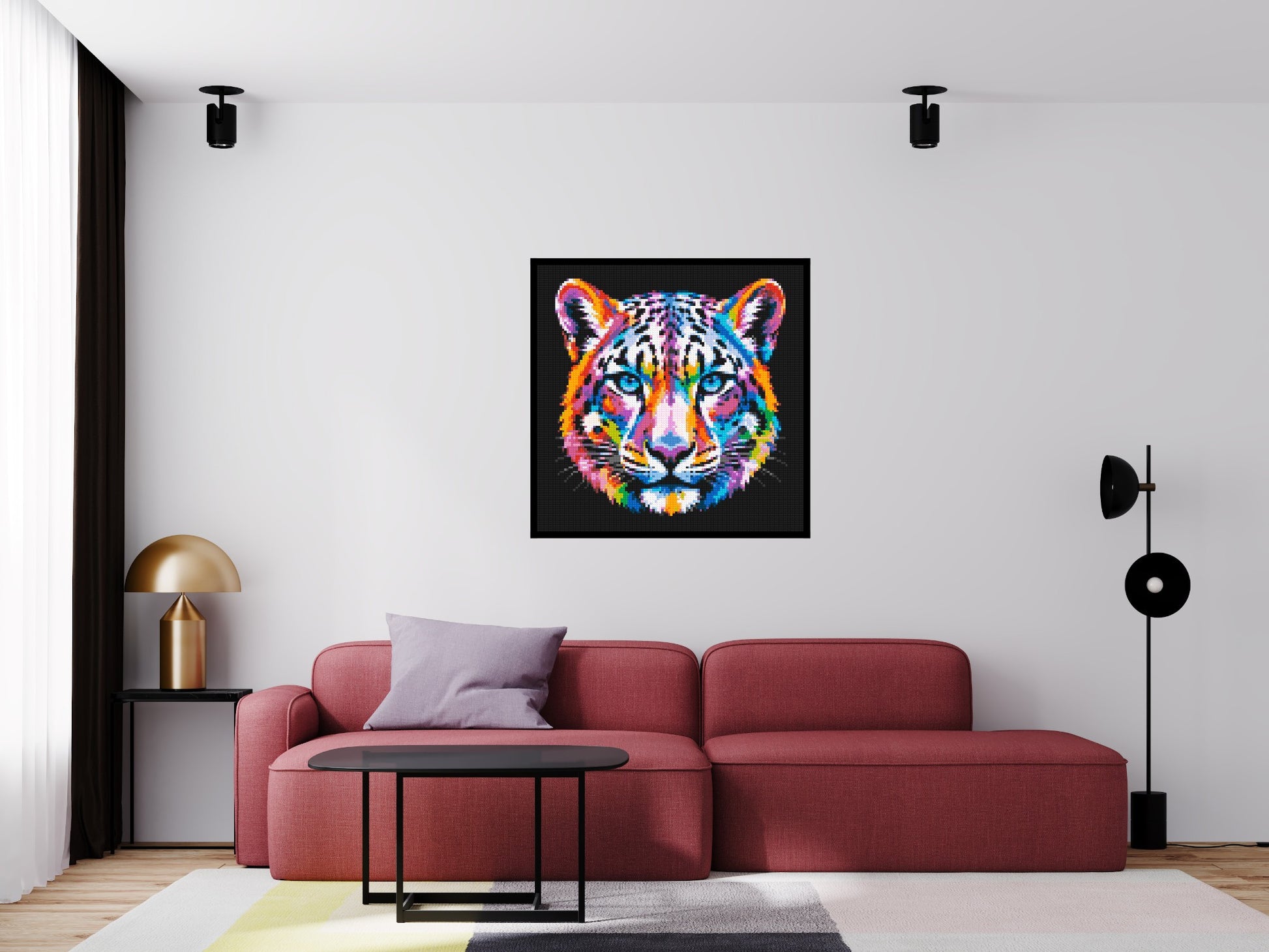 Vibrant Psychedelic Leopard Face Pop Art - Brick Art Mosaic Kit 5x5 scene with frame
