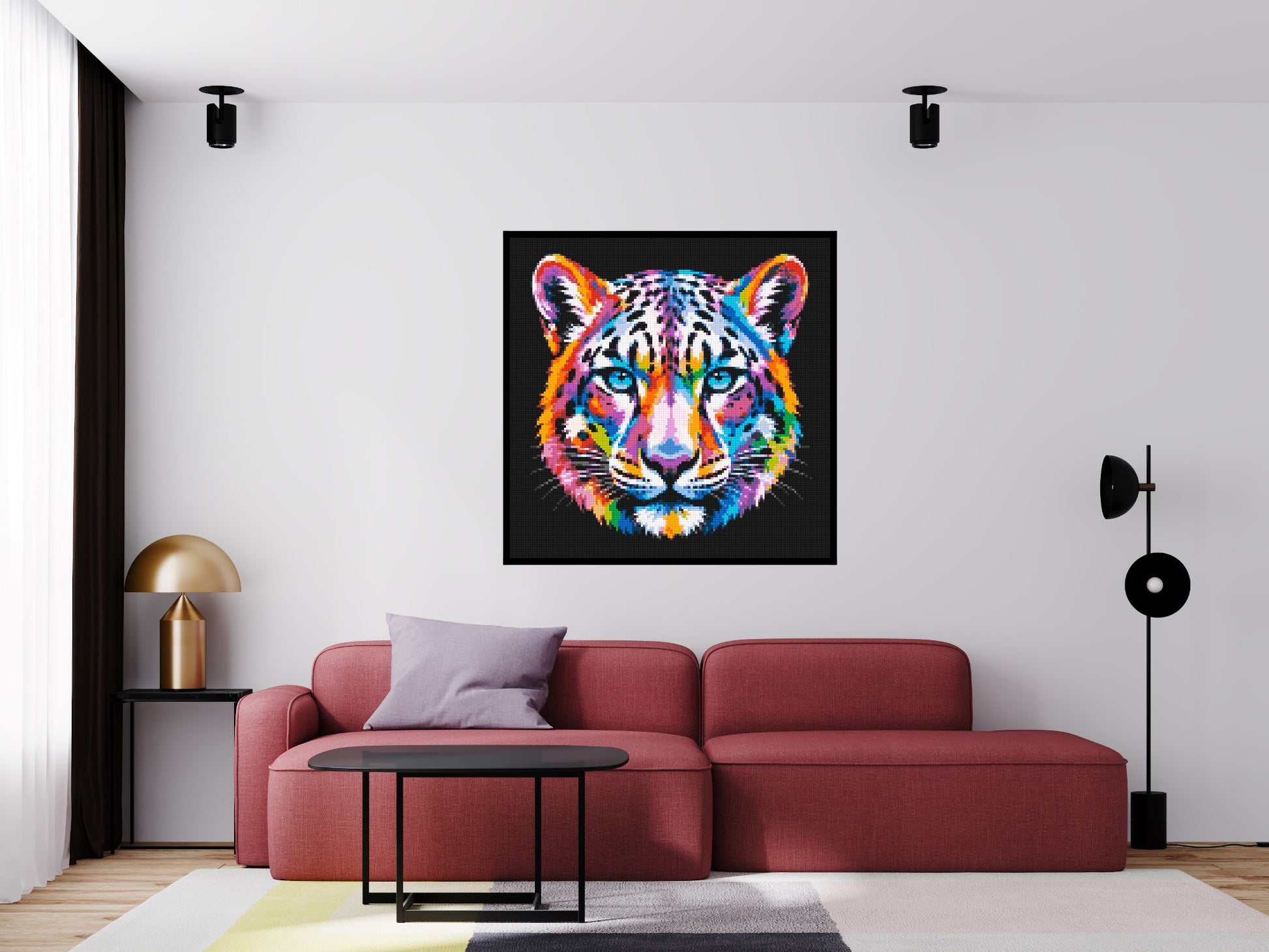 Vibrant Psychedelic Leopard Face Pop Art - Brick Art Mosaic Kit 6x6 scene with frame