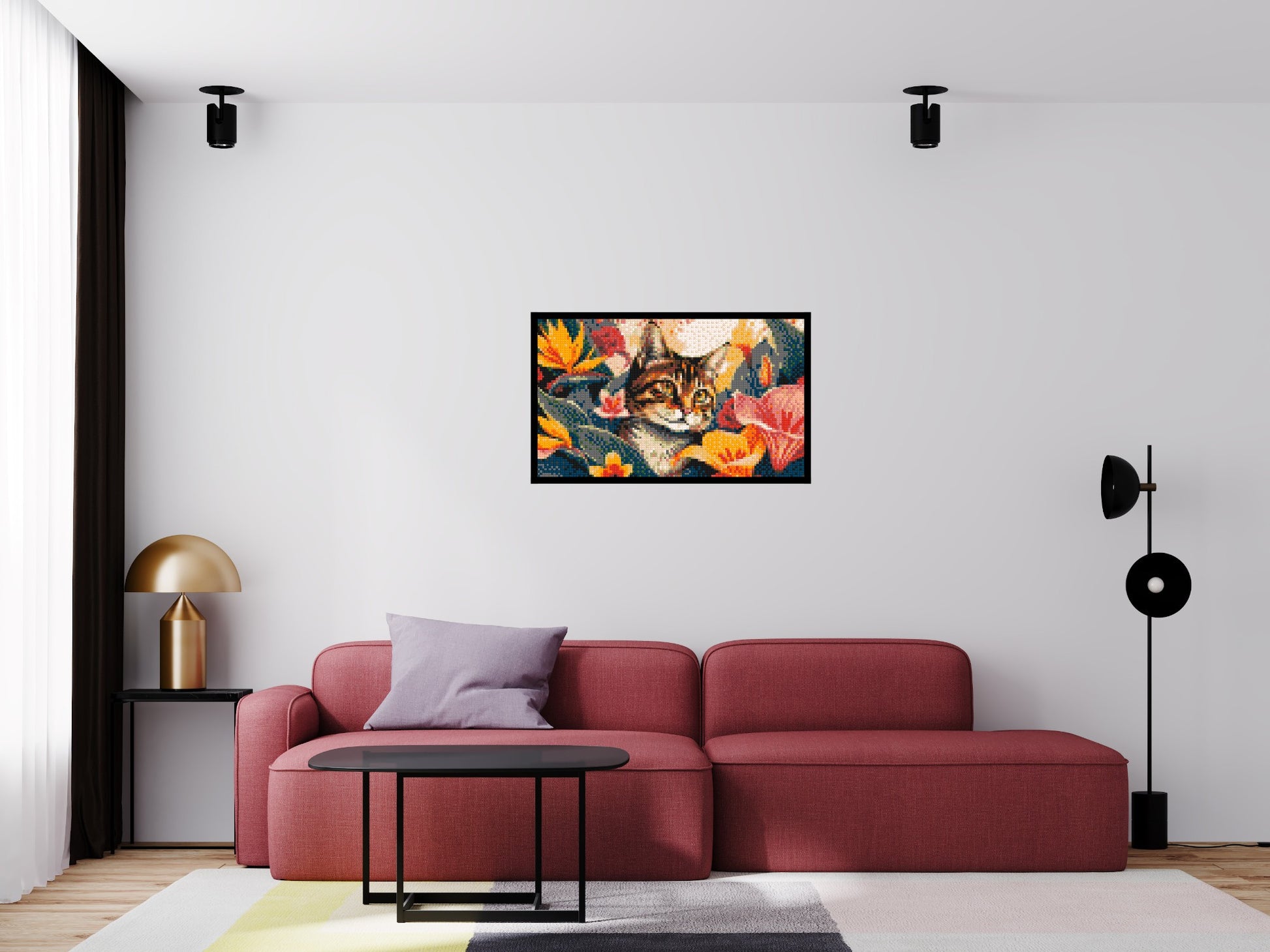 Tabby Cat in Tropical Flower Jungle Pop Art - Brick Art Mosaic Kit 5x3 scene with frame