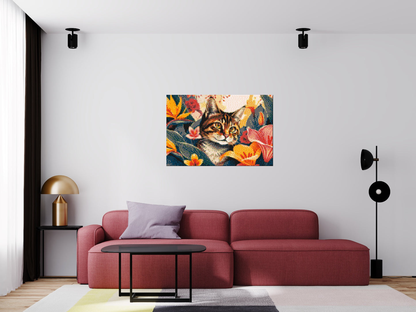 Tabby Cat in Tropical Flower Jungle Pop Art - Brick Art Mosaic Kit 6x4 large