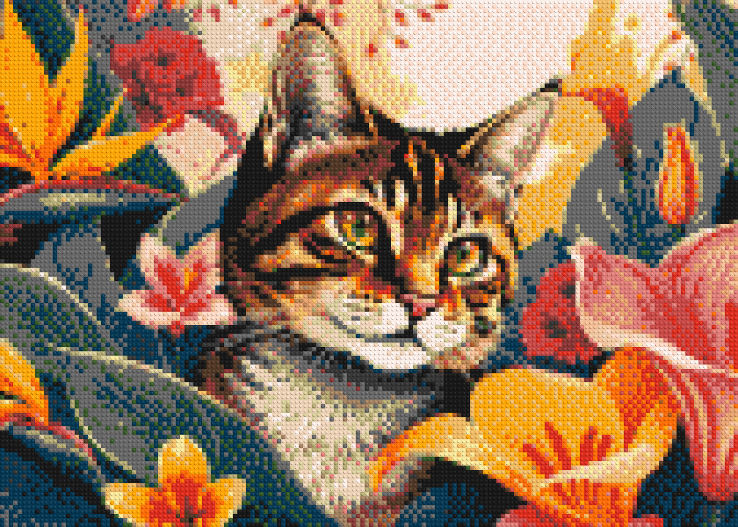 Tabby Cat in Tropical Flower Jungle Pop Art - Brick Art Mosaic Kit 7x5 large