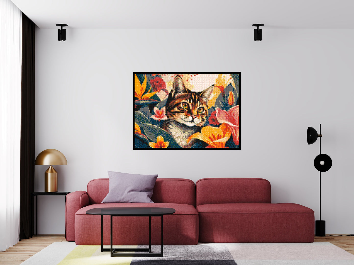 Tabby Cat in Tropical Flower Jungle Pop Art - Brick Art Mosaic Kit 7x5 large