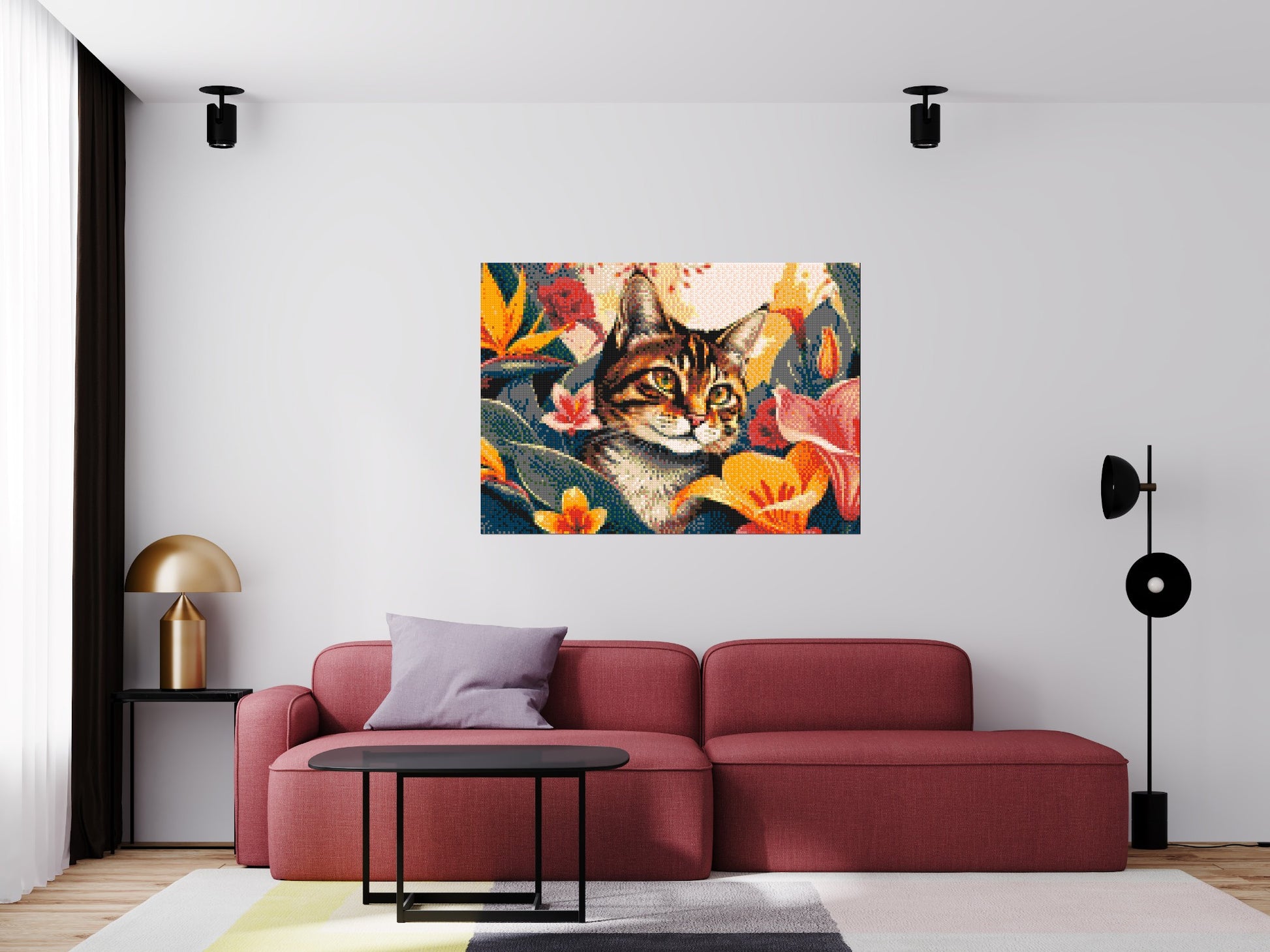 Tabby Cat in Tropical Flower Jungle Pop Art - Brick Art Mosaic Kit 7x5 scene