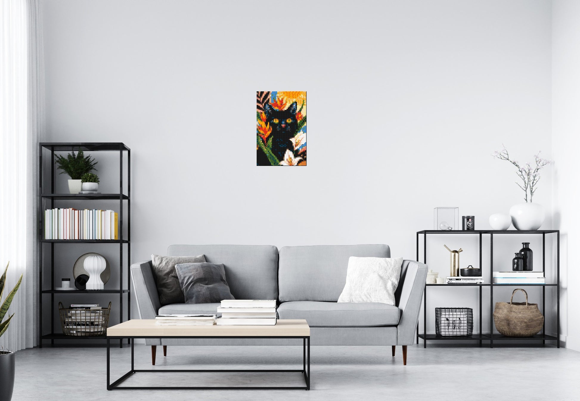 Black Cat in Tropical Sun Illustration - Brick Art Mosaic Kit 2x3 scene