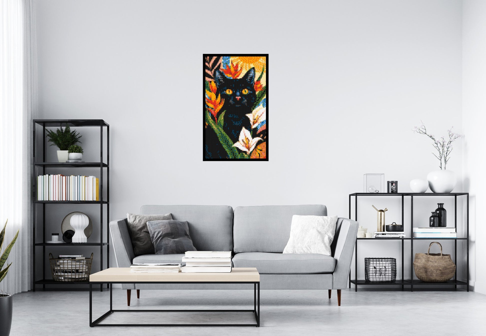 Black Cat in Tropical Sun Illustration - Brick Art Mosaic Kit 3x5 scene with frame