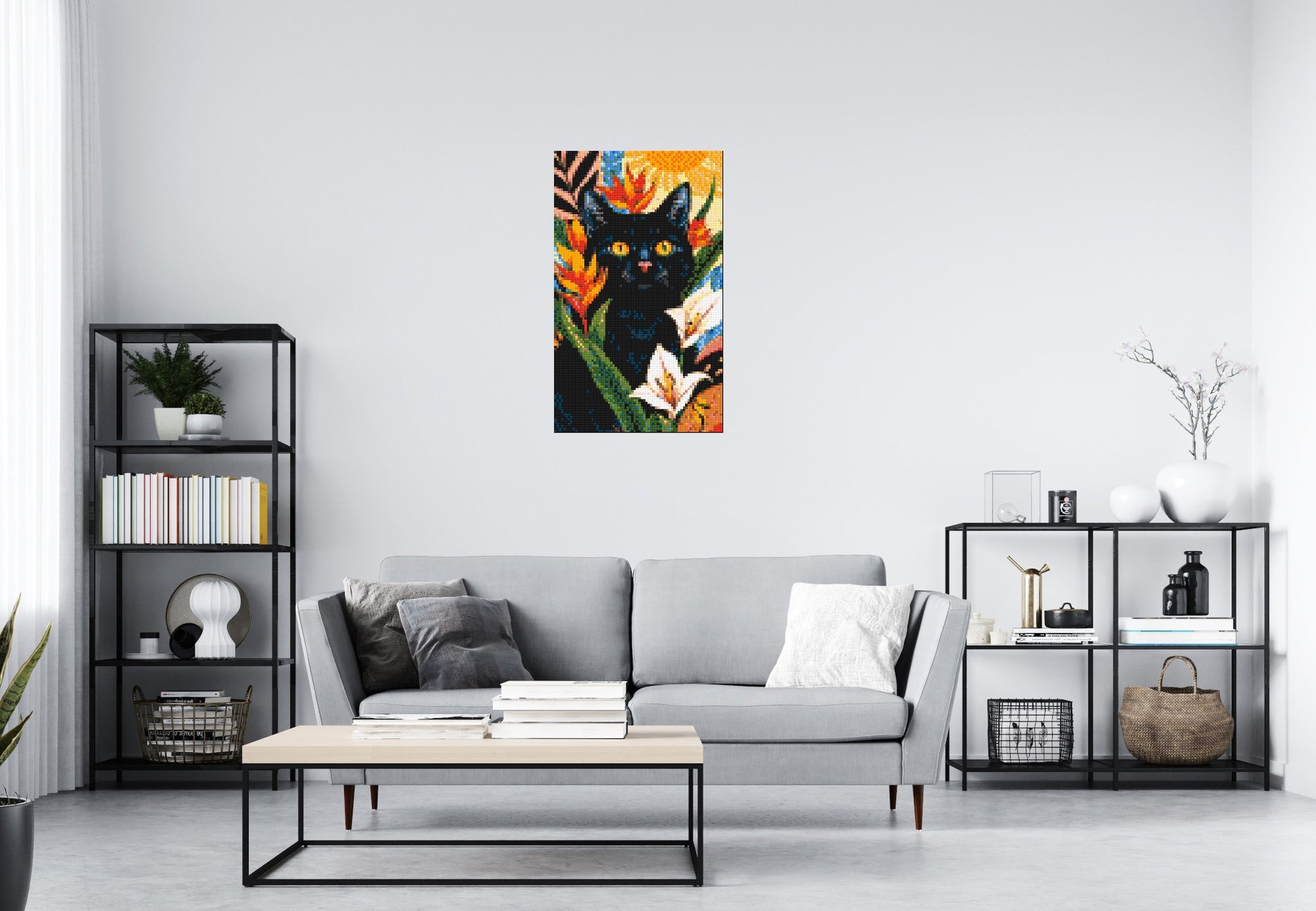 Black Cat in Tropical Sun Illustration - Brick Art Mosaic Kit 3x5 scene