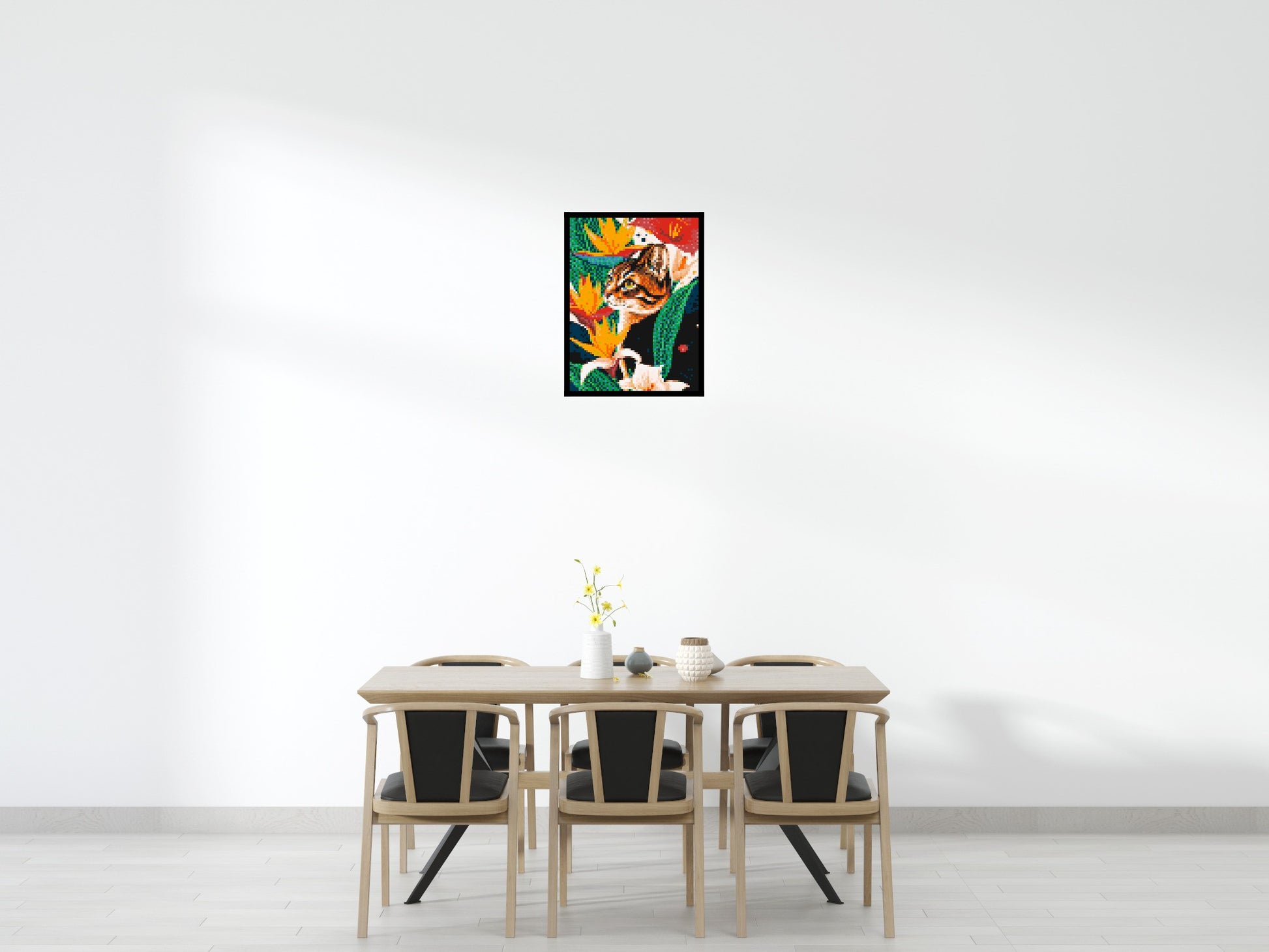 Tabby Cat with Birds of Paradise Illustration - Brick Art Mosaic Kit 3x4 scene with frame