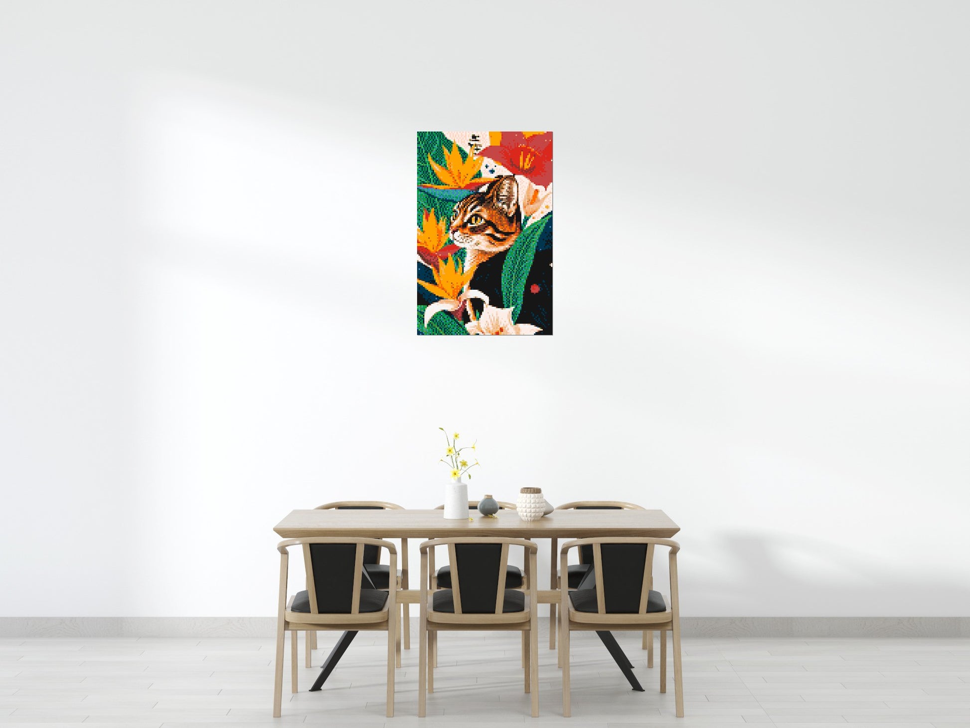 Tabby Cat with Birds of Paradise Illustration - Brick Art Mosaic Kit 4x6 scene