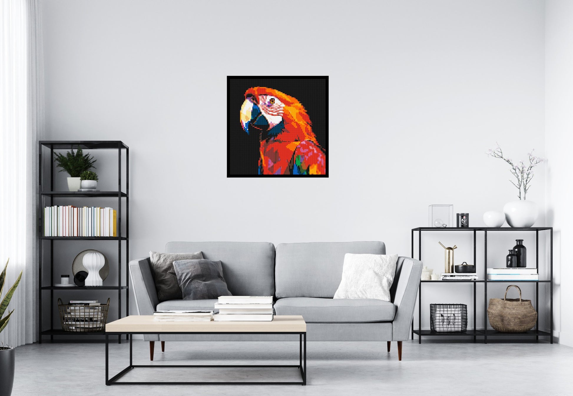Scarlet Macaw Geometric Pop Art - Brick Art Mosaic Kit 4x4 scene with frame