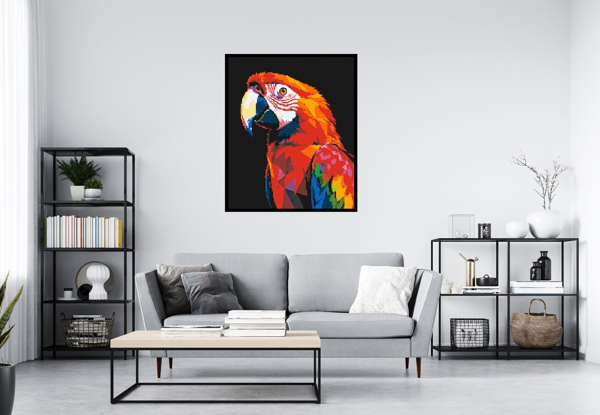 Scarlet Macaw Geometric Pop Art - Brick Art Mosaic Kit 5x6 scene with frame