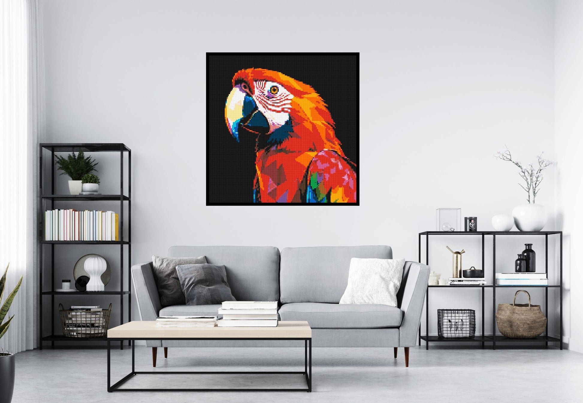 Scarlet Macaw Geometric Pop Art - Brick Art Mosaic Kit 6x6 scene with frame