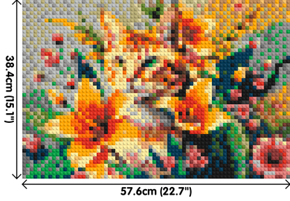 Ginger Tabby Cat with Orange Lilies and Pink Blossoms Illustration - Brick Art Mosaic Kit 3x2 large