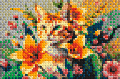 Ginger Tabby Cat with Orange Lilies and Pink Blossoms Illustration - Brick Art Mosaic Kit 3x2 large
