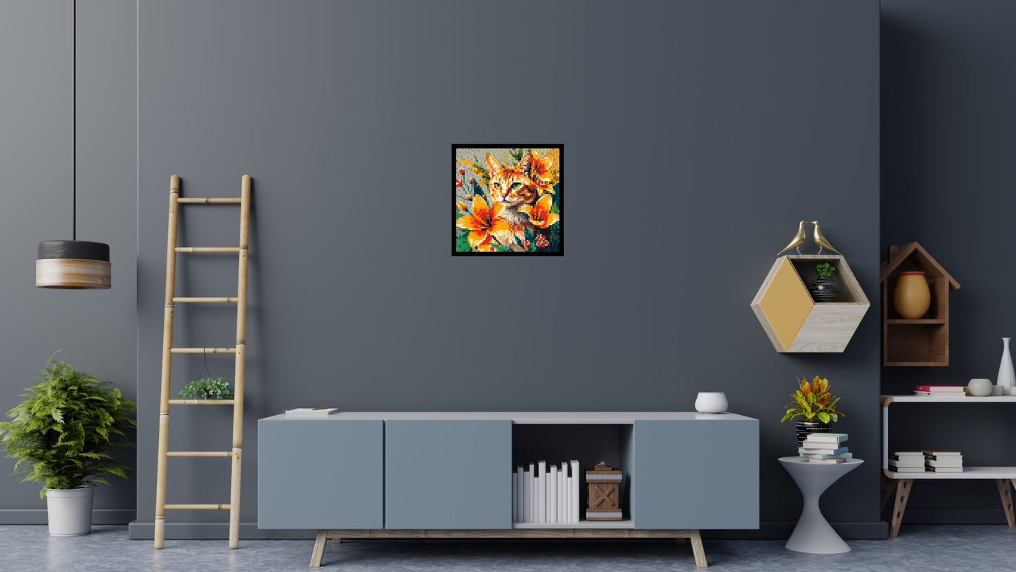 Ginger Tabby Cat with Orange Lilies and Pink Blossoms Illustration - Brick Art Mosaic Kit 3x3 large