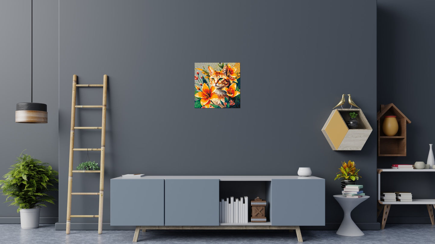 Ginger Tabby Cat with Orange Lilies and Pink Blossoms Illustration - Brick Art Mosaic Kit 3x3 large