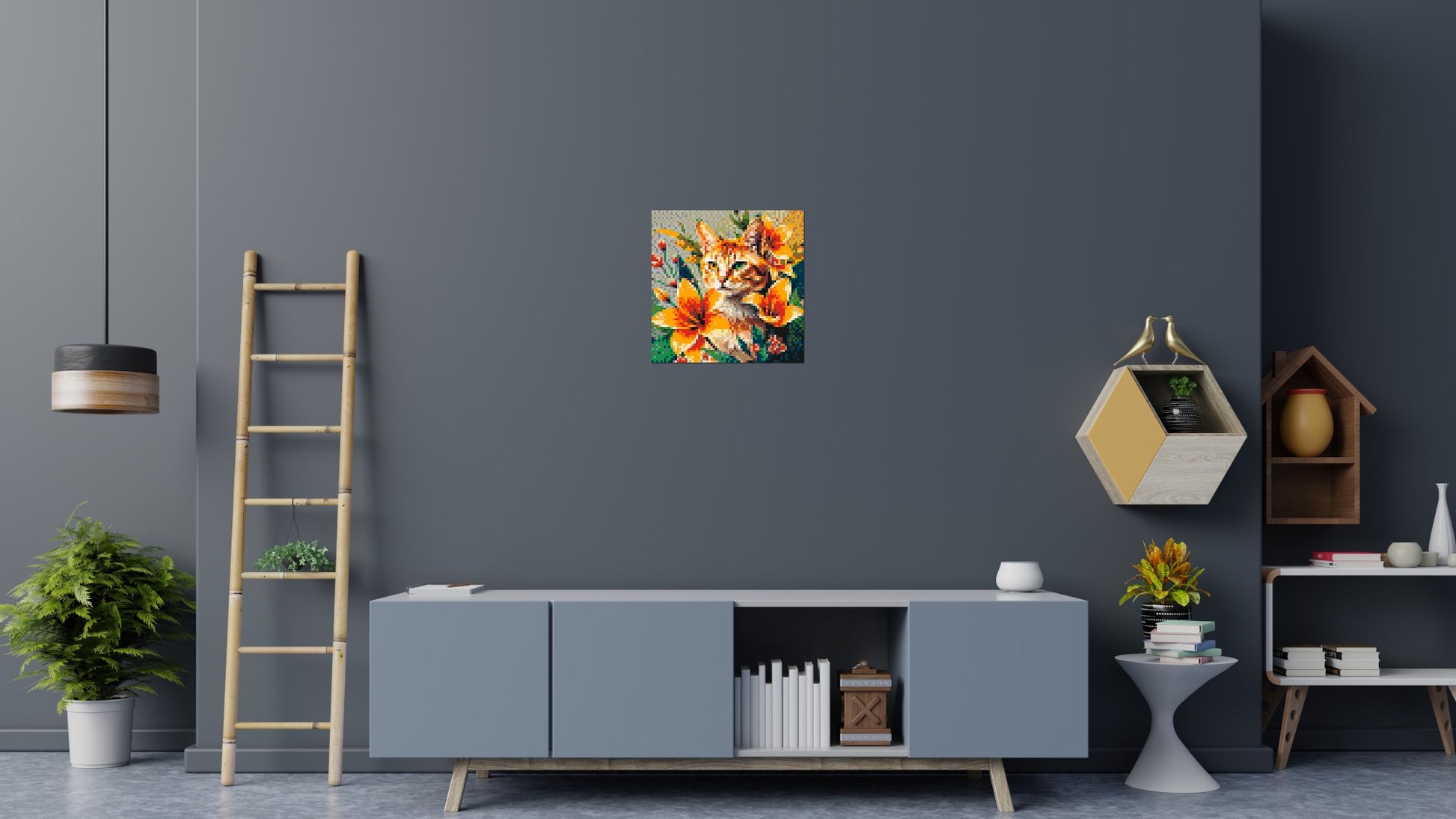 Ginger Tabby Cat with Orange Lilies and Pink Blossoms Illustration - Brick Art Mosaic Kit 3x3 scene