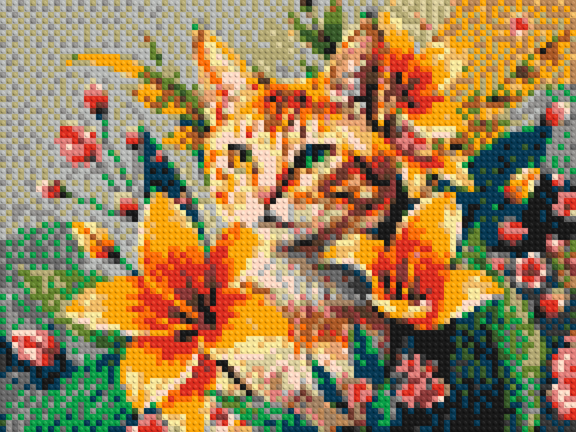 Ginger Tabby Cat with Orange Lilies and Pink Blossoms Illustration - Brick Art Mosaic Kit 4x3 large